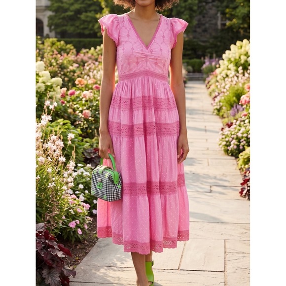 LoveShackFancy Dresses & Skirts - NWT LoveShackFancy Abena Cotton V-Neck Midi Dress in Hot Pink Size 2 $495